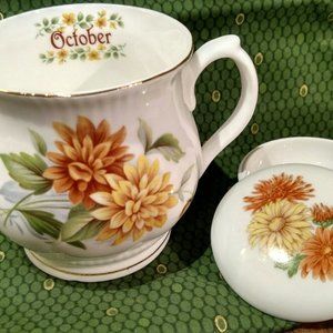Vintage October Chrysanthemum Mug & Trinket Dish, SET/2 Fall October Birthday